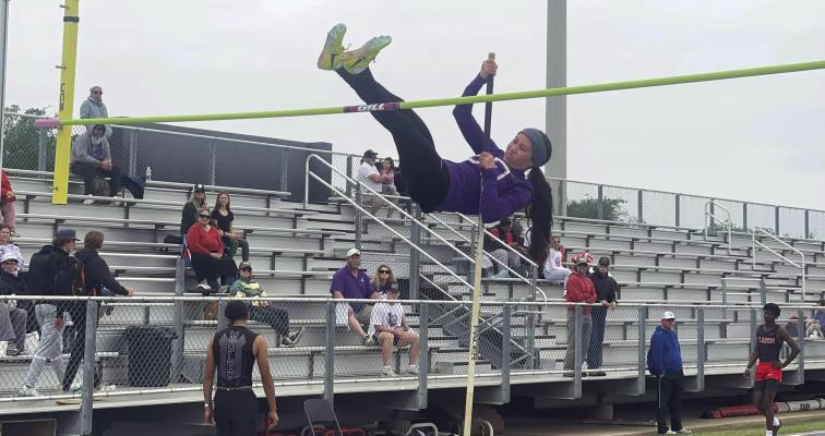 Mia Morris has a look of concentration as she attempts to clear the pole during the pole vault competition at this past weekend’s 3A Region I Track and Field Championships in Abilene. Courtesy photo