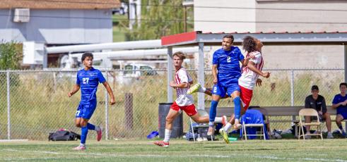 Sul Ross men’s soccer took on St. Mary’s on Saturday afternoon, falling 0-1 but leaving it all on the field. Pictured are Lobos Romain Bricier of Ahuille, France (left) and Dallas native Malachi Walker (right), who was attempting to move the ball with his head against the St. Mary’s player. Photo by Kara Gerbert