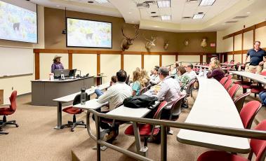 Graduate assistants from the Borderlands Research Institute presented research updates to members of the Texas Extension Specialist Association last week at the Range Animal Science Center. The graduate assistants covered a range of topics from livestock grazing, black bears, and mule deer populations, among others. Photo courtesy of BRI
