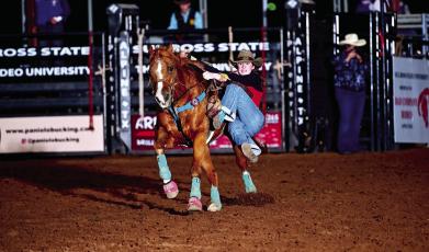 Canadian goat tyer Kasha Borsy during the Sul Ross NIRA Rodeo last season. Photo courtesy of SRSU Rodeo