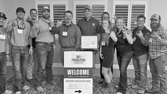 Attendees at the 30th Biennial Pronghorn Workshop in Redmond, Oregon, (left to right) Jose Etchart, James Weaver, Anthony Opatz, Dr. Justin French, Dr. Levi Hefflefinger, Shawn Gray, Erin O’Connell, Courtney Ramsey, Angela Grogan Patrick, Mike Janis, and Jacob Locke.
