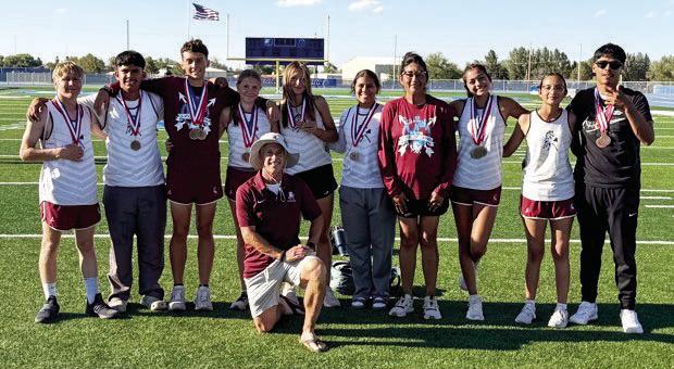 Marathon Mustang track team includes Teagan Wheeten, Marco Briones, Kaden Lees, Annaliese West, Sadie Carter, Melody Aguilar, Coach Gracie Galindo, Izabella Briones, Caylee Hernandez-Valenzuela, Joe David Gonzales, and in front, Coach Adams. Courtesy photo