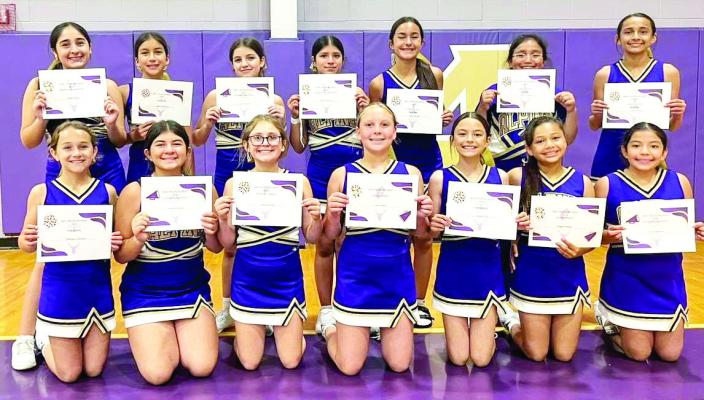 The Alpine High School cheerleaders hosted a three-day cheer camp last week for the Alpine Middle School cheerleaders. The girls worked on skills, stunts, and team building. Pictured with their certificates of completion are (front) Henleigh Anderson, Areyiah Molinar, Stella Kincade, Edie Dubois, Maxine Pitts, Rayah Ramos, and Taylor Ramirez. In the back are Leilani Soto, Athena Villanueva, Layla Chavarria, Isabel Villanueva, Isela Carrasco, Rhyder Vasquez, and Eivary Mercado.