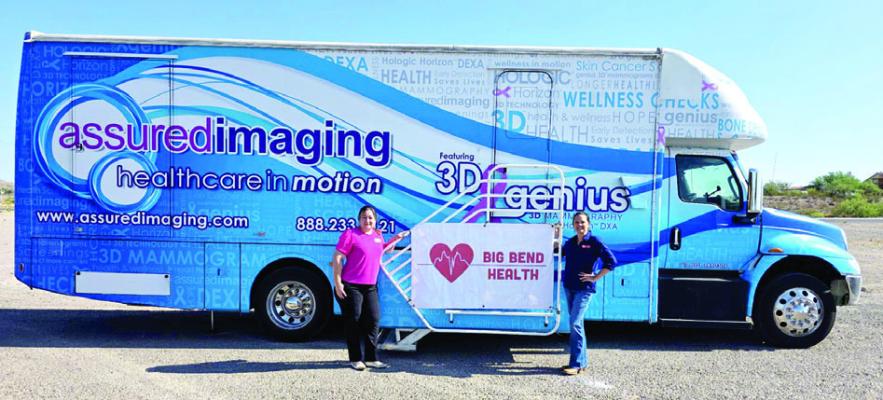 Director of Client Services Maria Urias and Executive Director Lynette Brehm of BBRHD pose in front of the Assured Imaging mobile mammogram unit in Presidio this past May. Photo courtesy of BBRHD