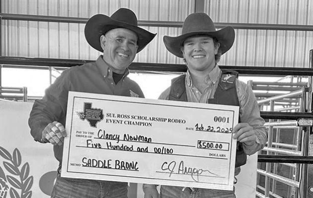 RecentAlpine High School graduate Clancy Newman, picture with SRSU Rodeo Coach C.J.Aragon, participated in this past weekend’s Sul Ross Rodeo Scholarship event at the S.A.L.E. Arena. Newman was one of eight scholarship recipients. The Sul Ross Rodeo Team puts on these scholarship rodeos for graduating or recently graduated high school students as a means of recruitment. Photo courtesy of Sul Ross Rodeo