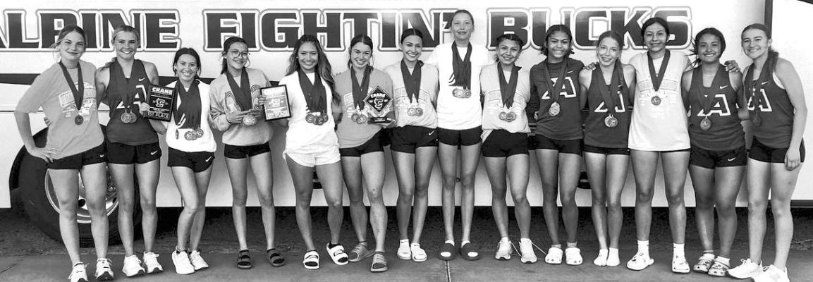 The Alpine Lady Bucks track team took home a lot of hardware during the Crane Relays this past weekend, taking first place overall. Pictured are Molly Garrett, Ali Maroney, Mia Morris, Naida Morris, Novah Carrasco, Valeria Crespo, Nevaeh Carrasco Colette Fowlkes, Hope Dominguez, Danica Mulholland, Kylie Maroney, Emmory Mercado, Ailea Fierro, and Evelyn Smith.
