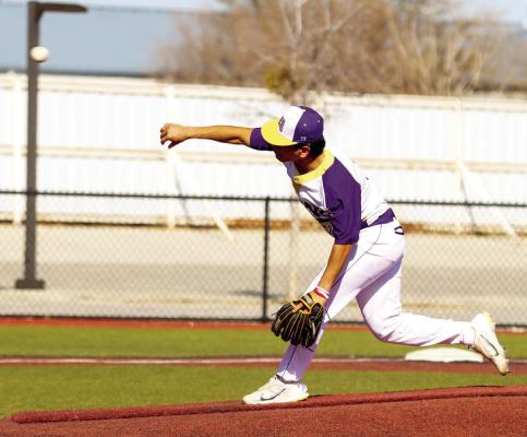 Iden Lujan hurls the ball towards homeplate in a recent game. The Bucks struggled this past weekend in tournament play but are set to face Eunice at home this Friday. Photo by Shawn Yorks