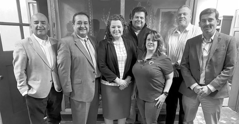 Community business members involved in the collaborative child care center initiative are from left, Rick Flores-CEO Big Bend Regional Medical Center, Dr. Carlos Hernandez-President, Sul Ross State University, Dr. Michelle Rinehart-AISD Superintendent, Alpine City Mayor, Catherine Eaves, J.D. Newsome with Alpine Community Projects, and in back are Conley Rasor-President, Alpine Business Alliance, and Mike Cole-Big Bend Regional Medical Center. Courtesy photo