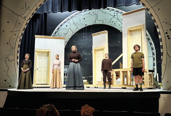 Members of the cast for the upcoming play Silent Sky are pictured here during rehearsals. Cast members are Jenna Reyes, Yaritza Corona, Olivia Pertuso, Jaina Brooks, and Justin Hinton. Courtesy photo