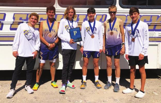 The Runnin’ Buck varsity boys cross country team placed second in Presidio last week. In the photo, Noah Pineda, Marco Martinez, Hatfield Cason, Aaron Miller, Martin Sablatura, and Javy Prieto. Courtesy photo