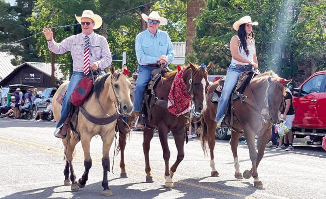 Above right: Jeff Davis County Judge Curtis Evans, along with Brewster County Judge Greg Henington and his granddaughter Zoe Cannon, sit horseback during Fort Davis’ Independence Day Parade. Photo courtesy of Fort Davis Chamber of Commerce