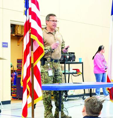 Lt. Jimmy Morris of the Texas Department of Public Safety Aircraft Operations Division and Alpine ISD School Board Trustee launched a presentation on respect last week to students at Alpine Elementary during their morning Capturing Kids’ Hearts assembly. Courtesy photo