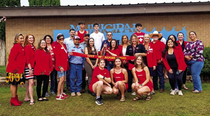 The City of Alpine held a ribbon-cutting ceremony for the newly remodeled municipal swimming pool. On hand with the Alpine Ambassadors were employees with the Parks and Recreation Department, Alpine City Mayor Catherine Eaves, and Alpine City Manager Henry Arredondo. Photo by Kara Gerbert