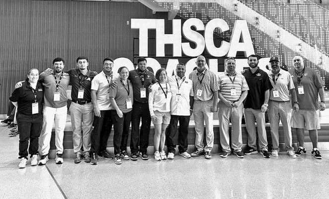 A group of alumni from Alpine High School attended the Texas High School Coaches Association conference this summer. Pictured here are DeeDee DeLaO, Isaac Gallego, Derek Rojo, Matthew Chavez, Monica Salmon, Adam Llanez, Linda Pallanez Morris, Tony Pallenez, Vince Lavallee, Danny Villanueva, Daniel Rojo, Ben Gallego, and Fred Cordova. Photo courtesy of Monica Salmon