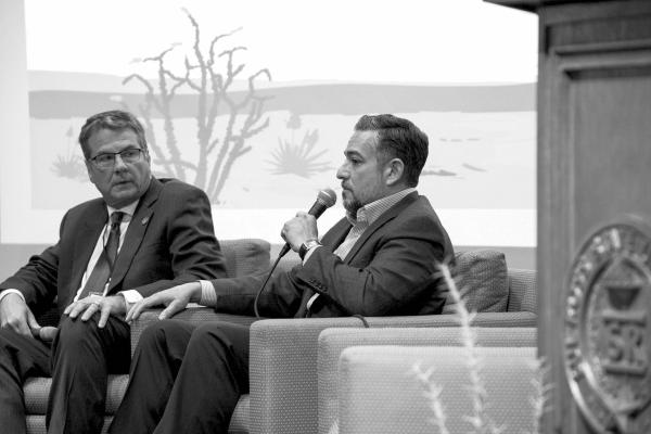 Senator Charles Perry looks on as Senator Cesar Blanco addresses the audience at the Water in the Desert Conference held last month at Sul Ross State University. Courtesy photo