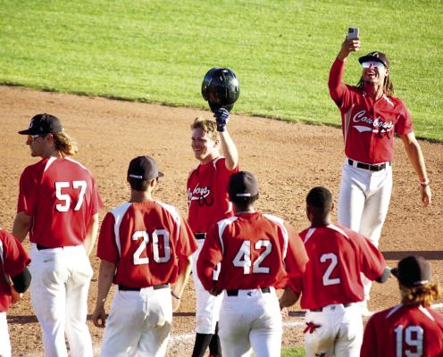 Derek Pollacchi tips his helmet to the Kokernot crowd following his RBI single in the eighth inning during the regular season finale against the Weimar Hormigas on July 31.