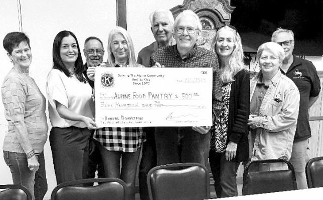 The Kiwanis Club of Alpine recently donated their annual contribution to the Alpine Food Pantry. Jan Moeller of the Alpine Food Pantry presented the club with an overview of the organization’s activities in the community. Judy Stokes, Letty Carrillo, Matt Walter, Jan Moeller, Nelson Sager, Ralph Gruebel, Rhonda Cole, Marilyn Gruebel, and Jim Case are Pictured. Courtesy photo