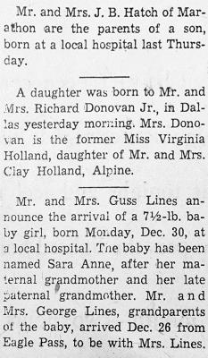 Jan 10, 1947 Mr. And Mrs. Guss Lines welcome daughter Sara on Dec. 30, just in time for her to celebrate her first new year’s eve in Alpine.