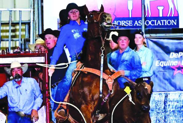 Emilee Charlesworth of Marathon won round two of the RFAWaco- Roping Futurities of America Breakaway Futurity on Saturday atop her horse DS ACE CAT T. Charlesworth took home checks totaling $4700. Courtesy photo