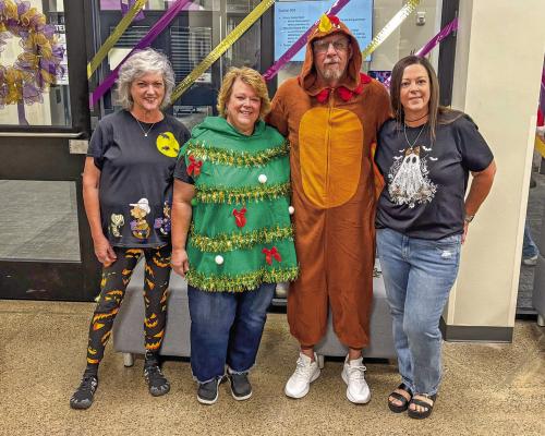 Courtesy photo On Monday of this week, teachers at Alpine High School and across the district dressed up as their favorite holiday. Assistant Principal Mrs. Lowe, District Nurse Gayla Owen, Coach Christopher Virdell, and Librarian Jennifer Mustain exhibited Halloween, Christmas, and Thanksgiving as part of the fun.