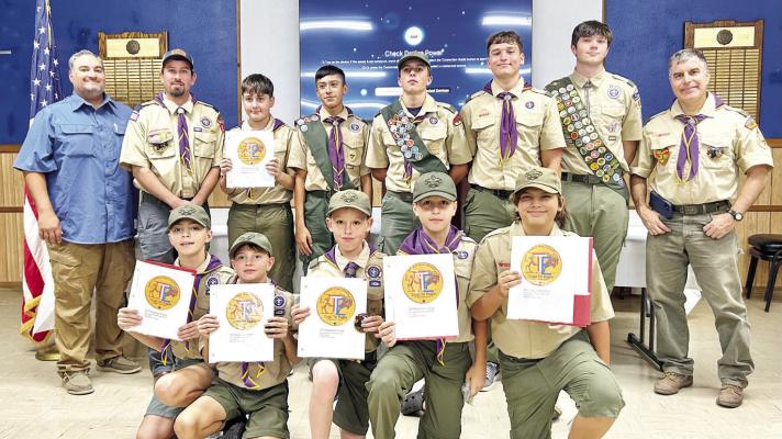 Boy Scout Troop 41 held a Court of Honor, during which ten scouts received badges and certificates. In back are Scoutmaster Hector Holguin, Assistant Scoutmaster Richard Savery, Alperen Basibuyuk, Roman Holguin, Colt Billings, Cain Vidal, Doug Comer, and Assistant Scoutmaster Adrian Billings. In front are Jackson Holt, Carter Martin, Mason Savery, Troy Vidal, and William Brock. Courtesy photo