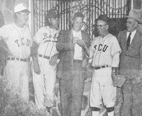 April 30,1954 The head coach of Sul Ross State College, Al Milch presents the celebrated horned frog of Kokernot Field, affectionately named “Herbert”, to Dutch Meyer, the athletic director for TCU, just prior to the game between Sul Ross and TCU. Pictured are Walter Roach, TCU baseball coach, Moe Hedrick, Sul Ross baseball coach, Al Milch, Dutch Meyers, and Herbert L. Kokernot Jr., sponsor of the Alpine Cowboys, internationally recognized semi-pro baseball team.