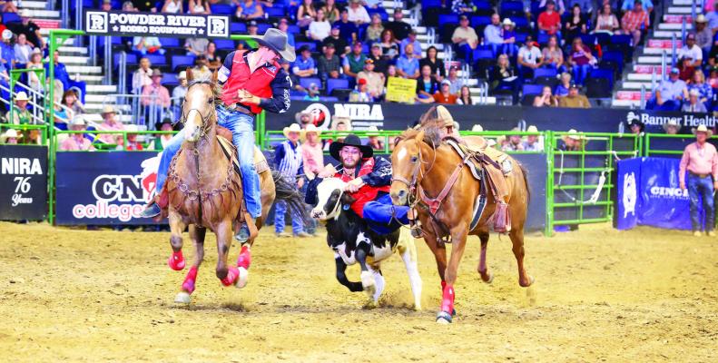 Cameron Haumea, last year’s College National Finals Champion and winner of the recent Lone Star Regional #1 steer wrestling title in Fort Worth, makes it look effortless, especially with the help of teammate and hazer Zane Cline, who is also making his presence known in the steer wrestling this year. Photo courtesy of Sul Ross Rodeo