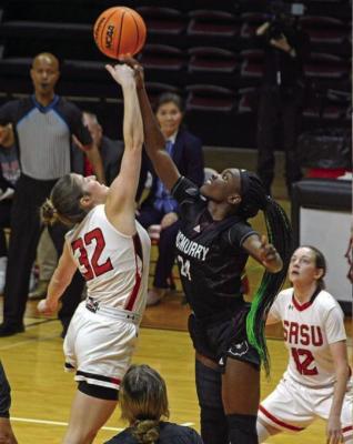 Marley Rokas goes for the opening tip in Saturday’s game against the McMurry War Hawks held at the Pete P. Gallego Center. Courtesy photo