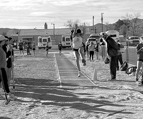 Izabella Briones of Marathon placed fourth in the girls’ long jump event held at Buck Stadium on Saturday. Briones jumped 13’-8 ¾” at this year’s Fightin’ Buck Relays. Photo by J.T. Maroney