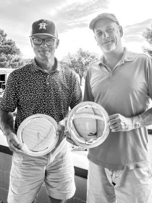 Kyle Jerome and Jimmy Small were the defending champions of the championship flight at this year’s Legends golf tournament held at the Alpine Country Club’s golf course. Courtesy photo
