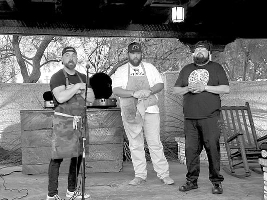 The Gage Hotel in Marathon hosted a two-day BBQ Pachanga this past weekend where Texas pitmasters came together over BBQ and upscale sides to tease the palates of guests with their own spin on smoked beef tri-tip, confi t smoked fried duck, and Burnt Bean big red tres leches cake for dessert. From left is Leonard Botello IV of Truth BBQ, Phillip Moellering of Brick Vault Brewery and BBQ, and Ernest Servantes of the Burnt Bean Co.