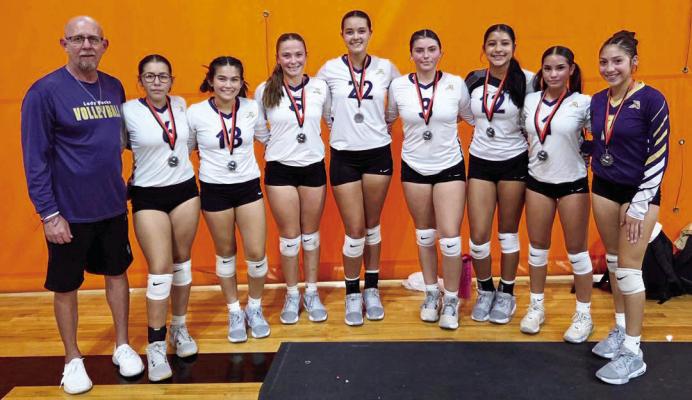 The Lady Buck JV Purple volleyball team earned medals during last weekend’s dual match with Wink and Fort Stockton. Pictured are Coach Christopher Virdell, Alyna Gutierrez, Gyllian Morrissey, Kacy Hawkins, Isabella Shelton, Julianna Kinkade, Bella Sanchez, Jianna Martinez, and Andynne Ramirez. Courtesy photo
