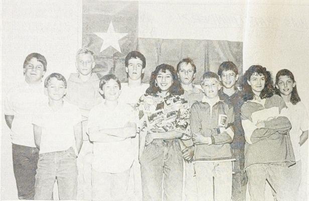 May 12, 1988 – 1988 Alpine Junior High School State History Fair qualifiers are (back row, L to R): Jon Tabor, Eli Burford, Tim Davis, Neville Haynes, David Hilton, Jamie Nelson, (front row, L to R): Shannon Morrow, Mike Hobson, Brenda Acosta, Brodie Hatcher, and Bonnie Lister.