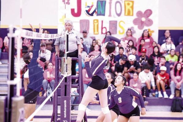 Hannah Juett goes for a kill in the Lady Bucks home game against Presidio last Tuesday.