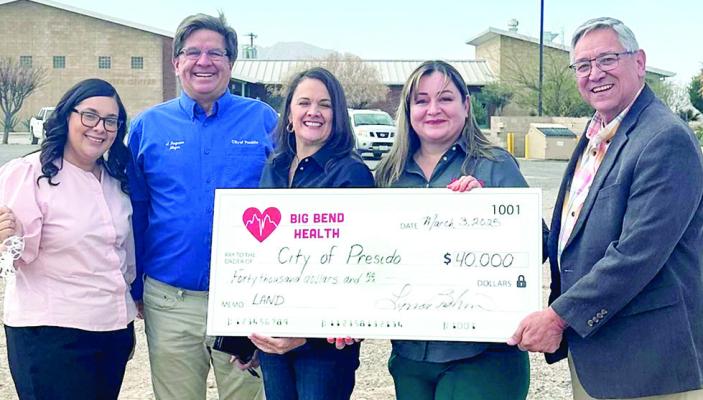 Members of the Big Bend Health staff and officials from the City of Presidio celebrated the purchase of land for a new permanent healthcare facility in Presidio. From left, Presidio Patient Advocate Ana Piñon; City of Presidio Mayor John Ferguson; Executive Director Lynette Brehm; BBRHD Director of Client Services, Maria Urias; and City of Presidio-City Administrator, Pablo Rodriguez. Photo courtesy of Big Bend Health