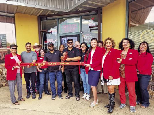 The Alpine Ambassadors welcomed a new business to town on Thursday, April 30. The Vape24 Smoke Shop, owned and operated by cousins Tasleem, Faham, and Nadeem Khan were excited to hold their grand opening with a ribbon cutting. The business is located at the corner of Holland Avenue and South Hwy 118 in the Ward Plaza. Photo by Kara Gerbert