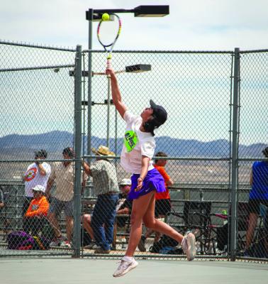 Lady Buck Megan Struthers exhibits that ladylike elegance as she returns a ball at this week’s district meet held at Sul Ross. Courtesy photo