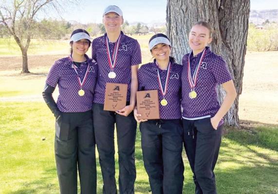 The Alpine Lady Buck golf team hit the links at home on Tuesday for the Alpine Invitational. The team placed second overall, with Colette Fowlkes placing second individually with a score of 98, and Evelyn Smith placed third individually, also scoring 98, and Gyllian Morrissey had the closest to the pin. Pictured are Jenna Vega, Colette Fowlkes, Gyllian Morrissey, and Evelyn Smith. Courtesy photo