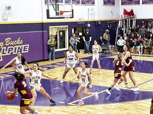 The Alpine Lady Bucks defend their basket against a Kermit Lady Jacket last Friday during their district closer. Avalanche photo