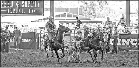 Sul Ross’ Colten Leech slides from his horse in an attempt to wrestle a steer during the slack competition at Saturday’s Sul Ross college rodeo. Leech won the first go-round of the steer wrestling with a time of 5.0.
