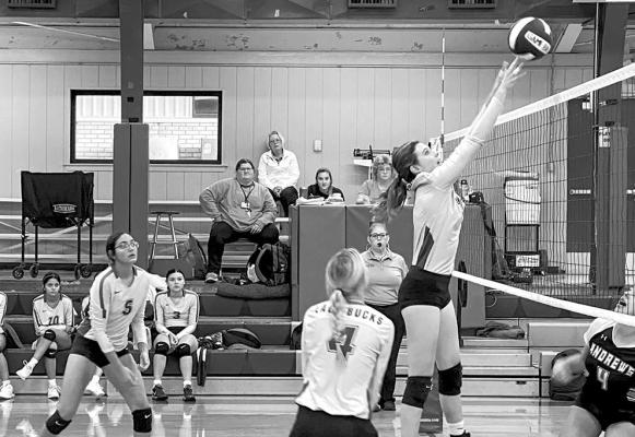 Lady Buck Hannah Juett goes up for a block at the Nita Vannoy Tournament in San Angelo. Courtesy photo