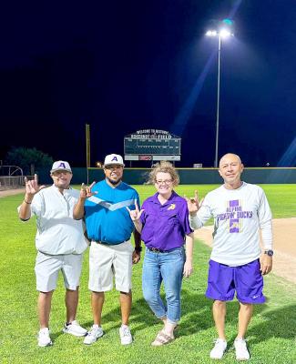 Alpine ISD, along with stakeholders Sul Ross State University and the o6 Cowboys, gathered at Kokernot Field last week to check out the newly updated lighting system installed by Daybreak LED. From left are Chayo Gonzales, Adam Llanez, Dr. Michelle Rinehart, and Jerry Dominguez. Courtesy photo