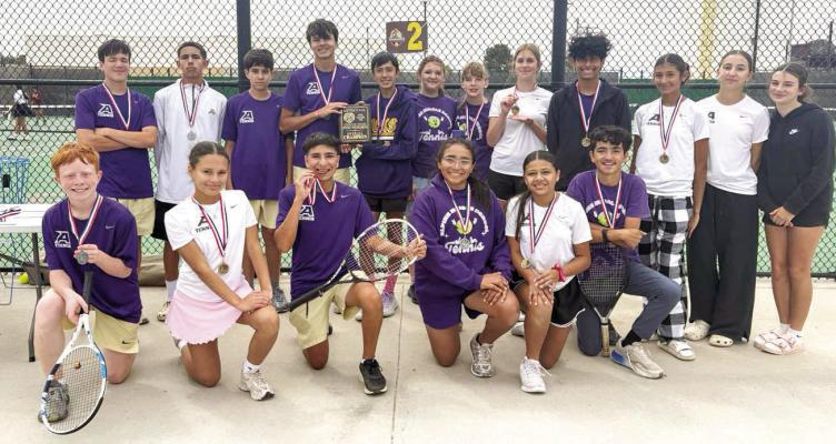 Alpine Middle School’s 8th-grade tennis team earned the District Championship title last week. The team collected five first-place finishes, three second-place finishes, and one third-place finish to earn the title. Courtesy photo