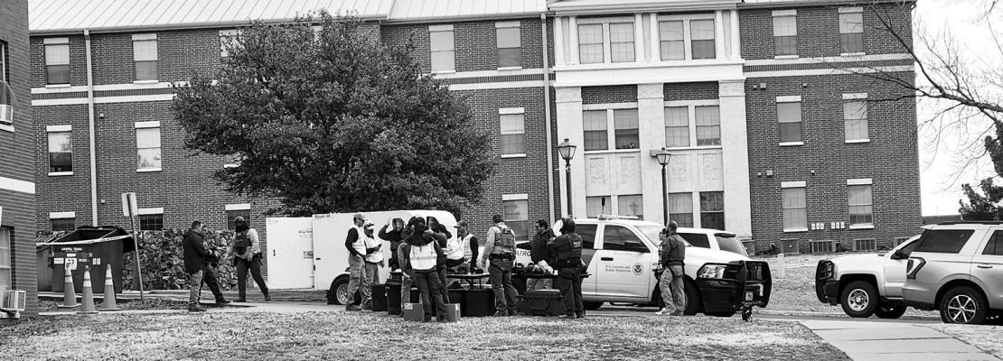 The United States Border Patrol conducted classroom and tactical training last week on the Sul Ross Campus. Students were told at the beginning of the week to not be alarmed if they saw them with tactical gear around Fletcher Hall and at the Mountainside dormitory. Photo by Joh Covington