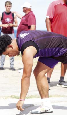 AydenAlvarez prepares to launch the shot put during the recent Regional qualification that allowed him to compete at the State UILTrack and Field competition. Photo courtesy of Marfa ISD