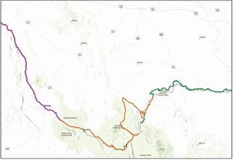 This screenshot of the “Smart Wall Map” shows green lines representing a new “vehicle barrier system,” while the orange represents “technology and road patrol” within Big Bend National Park. The purple lines indicate the primary border wall where federal contracts have already been awarded according to the map legend. Screenshot/U.S Customs and Border Protection