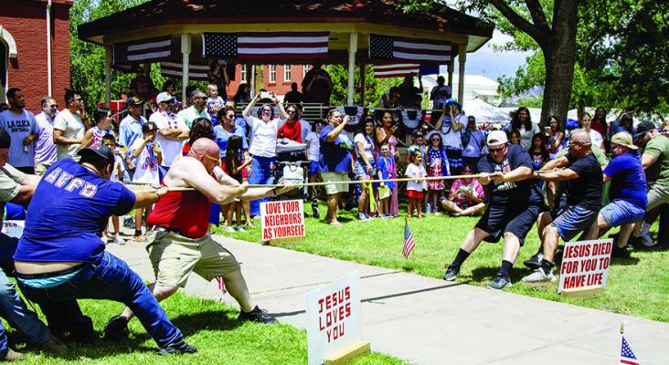 In a best-of-three tug-o-war contest during the 4th of July festivities held at the Brewster County Courthouse, the Alpine Volunteer Fire Department successfully overcame the U.S. Border Patrol team in all three attempts.