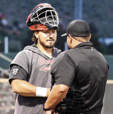 On Tuesday, June 10, the Cowboys edged the Blackwell Flycatchers 9-6 at Kokernot Field. Pictured here is Cowboy catcher, Jake Sisto. Photo by Julie Myers