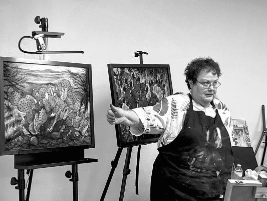 Nancy Lilly, pictured here, explains the nuances and techniques she uses in her artwork during a three-day workshop that was held in Alpine recently.