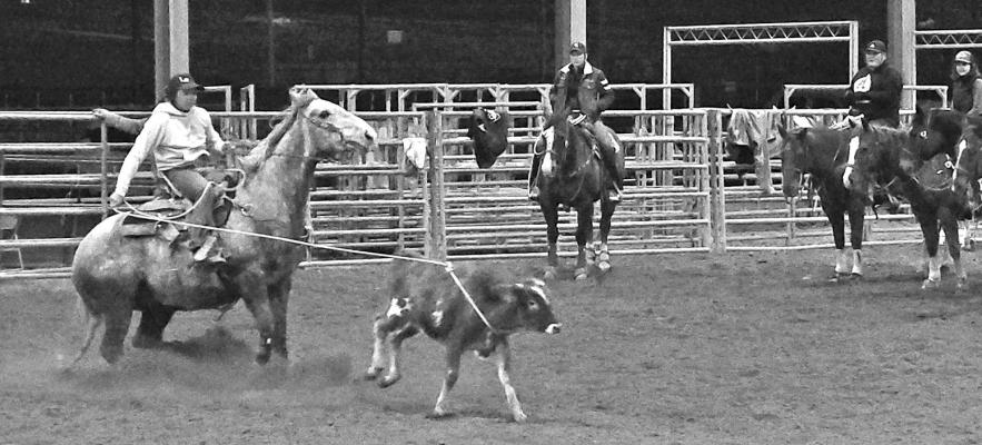 Sul Ross Rodeo Assistant Coach Timmi Hutchings participated in the Friday Night Lights Jackpot roping and barrel race held at the SALE Arena last Friday night. Hutchings participated in the barrel racing and the breakaway roping seen here. Photo by Kara Gerbert
